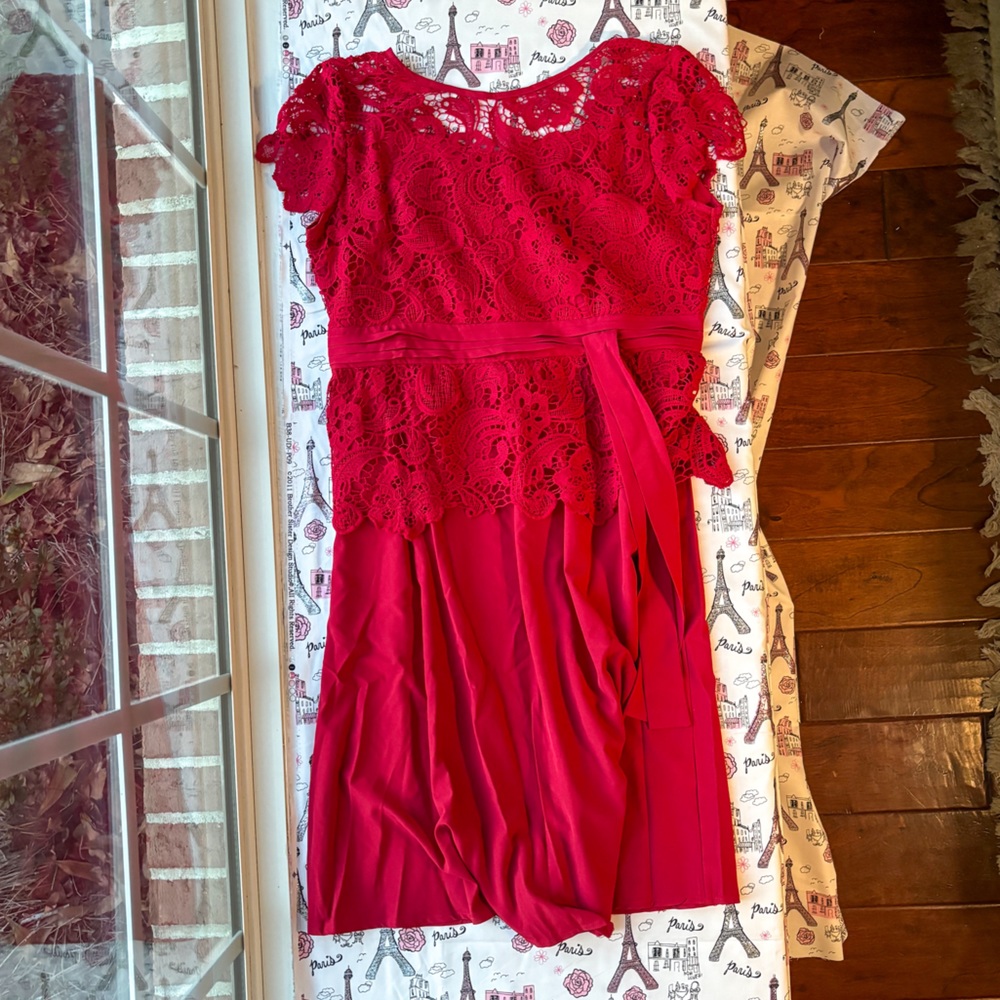 Red Paisley-Lace Layered Dress with Sash at Waist